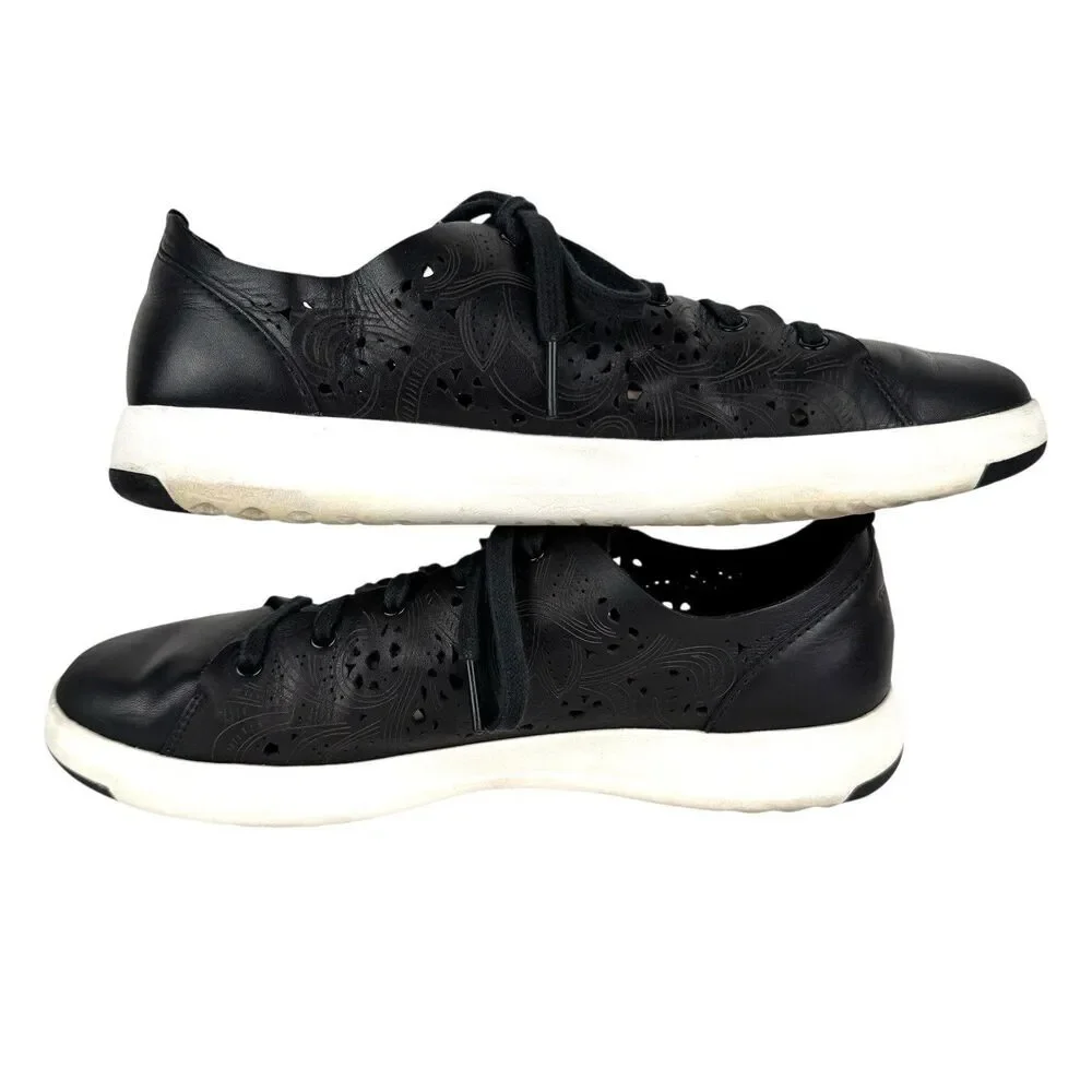 Cole Haan Women Leather Laser Cut Grand Pro Tennis Shoes 9B Black Preppy Comfort